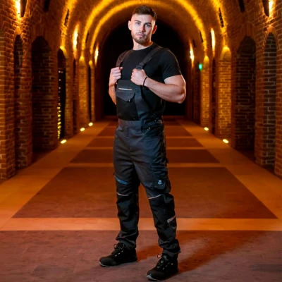 Salopetă de lucru REVOLT 4STRETCH GRI/NEGRU/PETROL / Stenso / Pantaloni salopeta cu pieptar