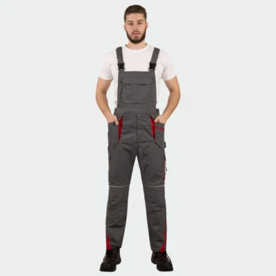 Pantaloni salopetă cu pieptar, din tercot, subtiri, de vară BWOLF DRIFT, culoare gri închis cu rosu, 033104 / BWolf / Pantaloni salopeta cu pieptar