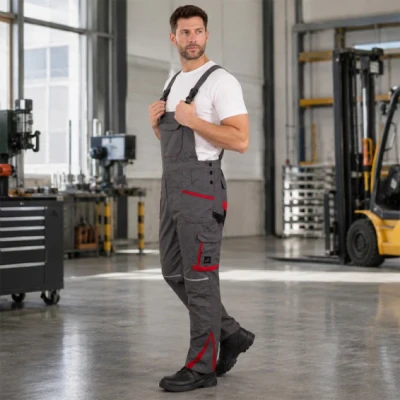 Pantaloni salopetă cu pieptar, din tercot, subtiri, de vară BWOLF DRIFT, culoare gri închis cu rosu, 033104 / BWolf / Pantaloni salopeta cu pieptar