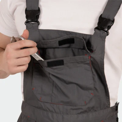 Pantaloni salopetă cu pieptar, din tercot, subtiri, de vară BWOLF DRIFT, culoare gri închis cu rosu, 033104 / BWolf / Pantaloni salopeta cu pieptar