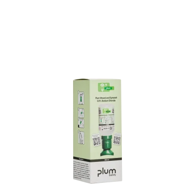 Plum – Soluție salină (clorură de sodiu 0,9%) pentru spălarea rănilor și a ochilor / 200 ml / cutie individuală, 4695 / PLUM Safety / Dusuri urgenta, spalatoare oculare