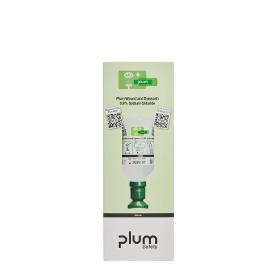 Plum – Soluție salină (clorură de sodiu 0,9%) pentru spălarea rănilor și a ochilor / 500 ml / cutie individuală, 4605 / PLUM Safety / Dusuri urgenta, spalatoare oculare