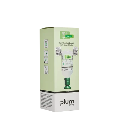 Plum – Soluție salină (clorură de sodiu 0,9%) pentru spălarea rănilor și a ochilor / 500 ml / cutie individuală, 4605 / PLUM Safety / Dusuri urgenta, spalatoare oculare