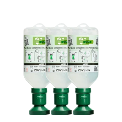 Plum – Soluție salină (clorură de sodiu 0,9%) pentru spălarea rănilor și a ochilor / 500 ml / cutie cu trei flacoane, 4613 / PLUM Safety / Dusuri urgenta, spalatoare oculare