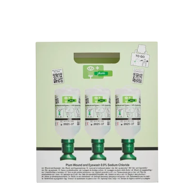 Plum – Soluție salină (clorură de sodiu 0,9%) pentru spălarea rănilor și a ochilor – portabilă / 3 x 500 ml, 4620 / PLUM Safety / Dusuri urgenta, spalatoare oculare