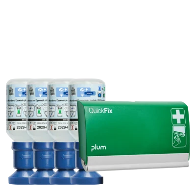 4 x Plum Soluție neutră (pH 4,9, pe bază de fosfat) pentru spălarea rănilor și a ochilor, 200 ml + 1 x dozator de plasturi, 6003 / PLUM Safety / Dusuri urgenta, spalatoare oculare