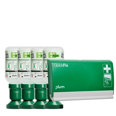 4 x Plum Soluție salină 0,9% (clorură de sodiu) pentru spălarea rănilor și a ochilor, 200 ml + 1 x dispenser de plasturi, 6002 / PLUM Safety / Dusuri urgenta, spalatoare oculare