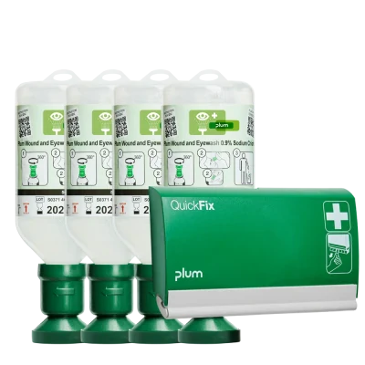 4 x Plum Soluție salină (clorură de sodiu 0,9%) pentru spălarea rănilor și a ochilor, 500 ml + 1 x dozator de plasturi, 6001 / PLUM Safety / Dusuri urgenta, spalatoare oculare